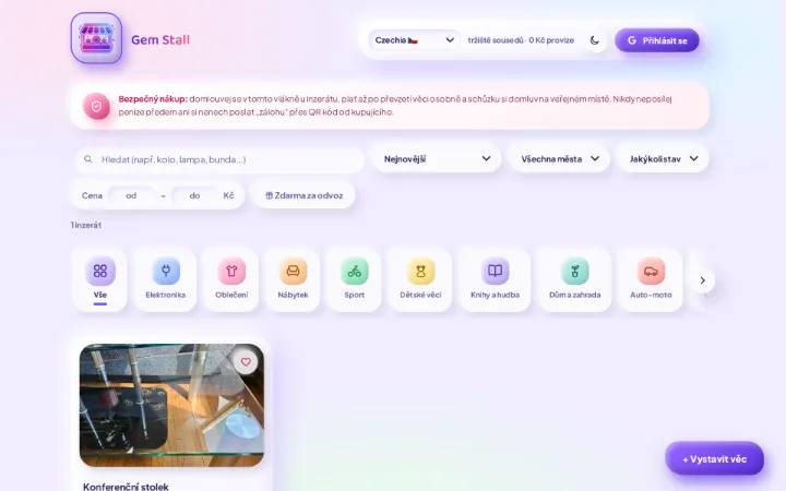 Náhled tržiště Gem Stall — seznam inzerátů s filtry a kategoriemi