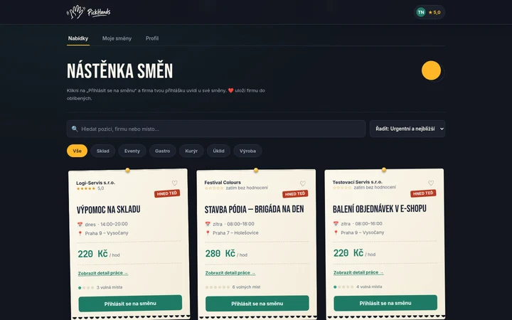 Náhled PickHands — nástěnka jednodenních brigád s ukázkovými směnami a odměnami