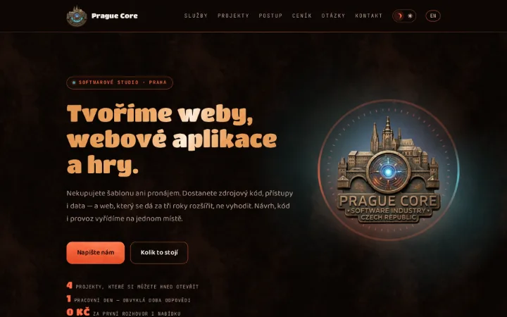 Náhled úvodu stránky praguecore.com